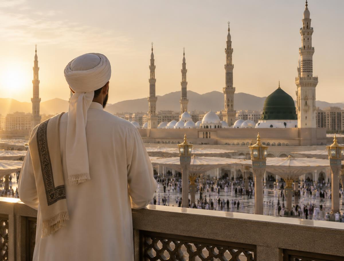 Guide francophone devant la mosquée du Prophète à Madinah
