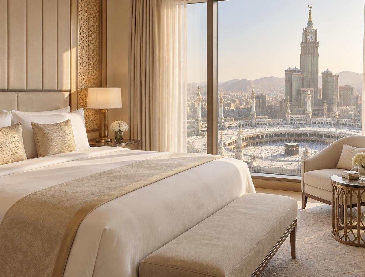 Chambre d'hôtel élégante avec vue sur Makkah